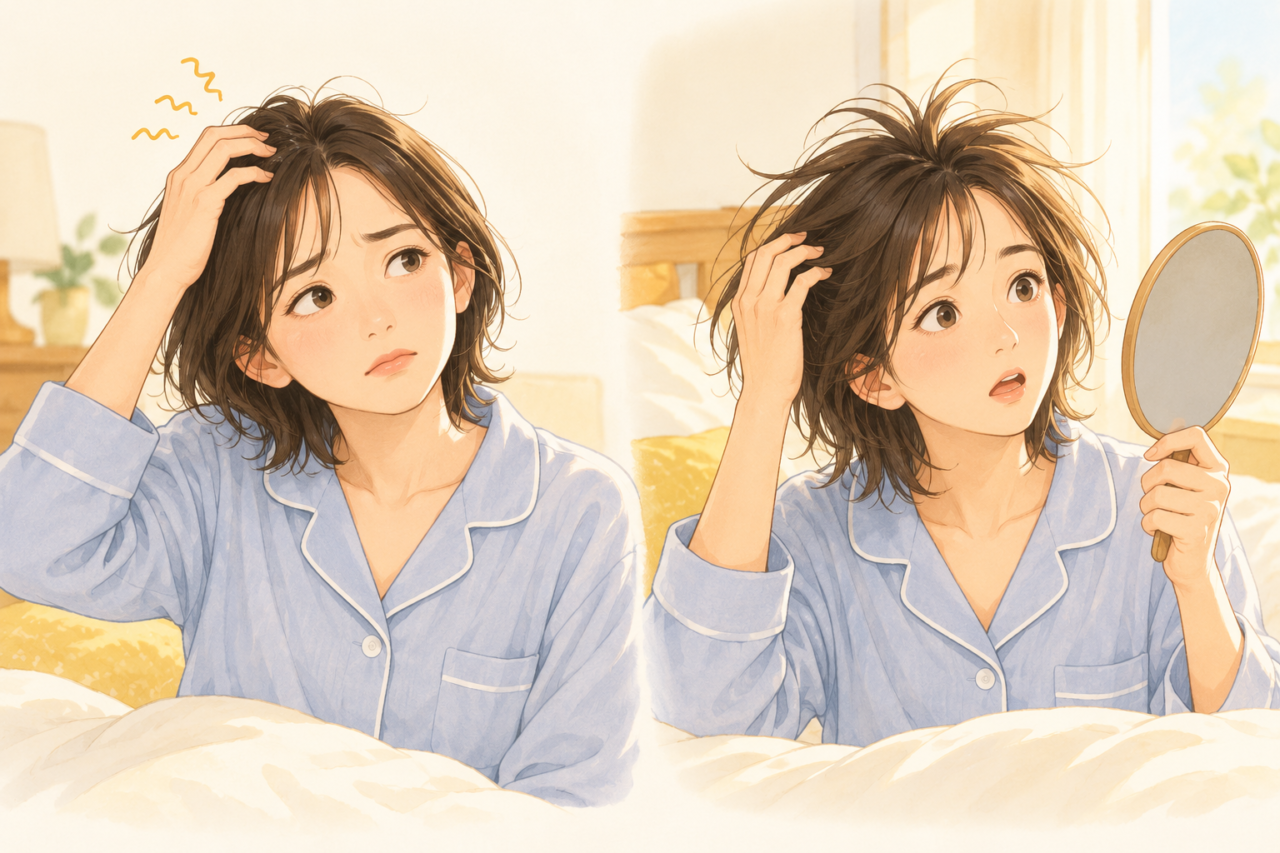 頭のかゆみで髪に手を添える人と、朝の鏡で寝癖に気づく人を並べたイラスト